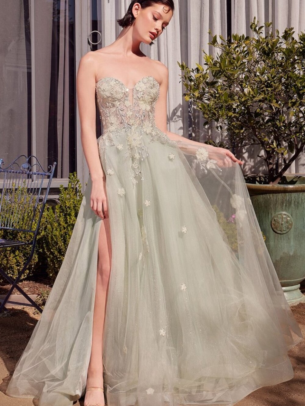 NEW FORMAL STRAPLESS FLORAL LACE EMBELLISHED MAXI A-LINE TULLE GOWN CD A1418